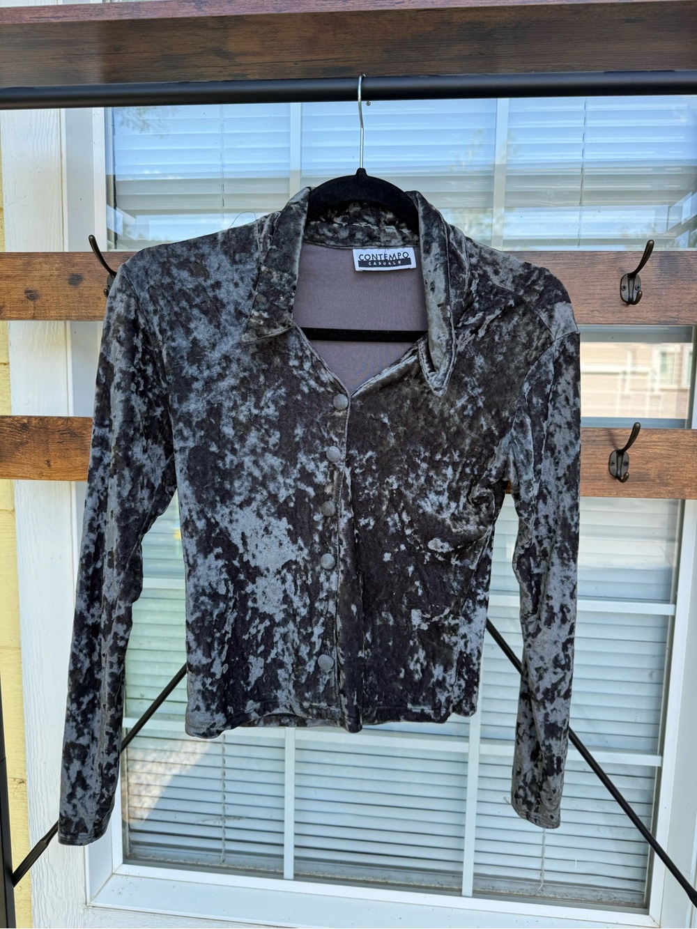 Velvet Button-Front Long Sleeve Top in Charcoal Gray